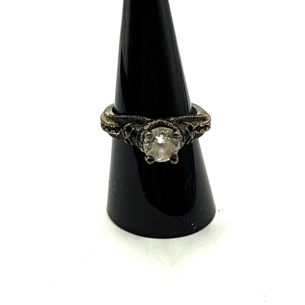 Gothic Skull Ring Clear Round Stone Antiqued Silver Tone Band Size 7.5